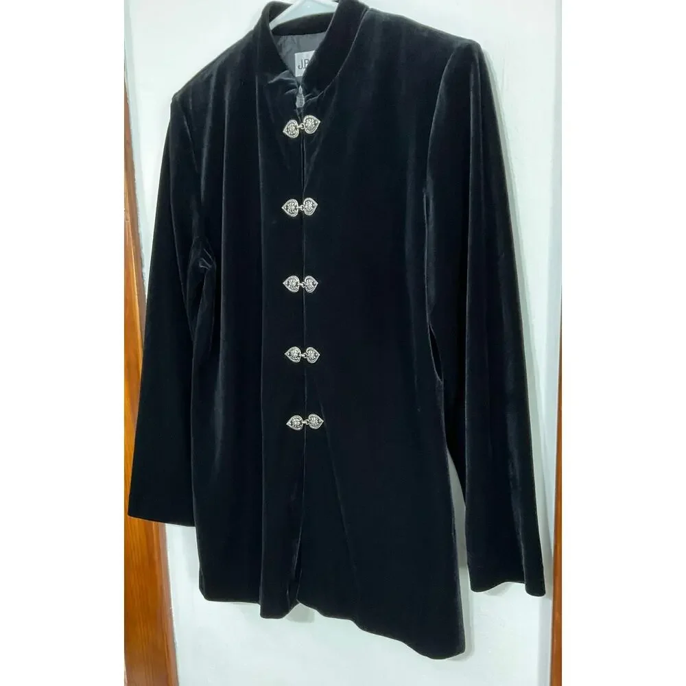 VTG 90s Womens Black Velvet Jacket Silver Clasps Stretch High Neck Sz 10 Vampire - Picture 4 of 7